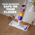 Swiffer PowerMop cleaning a wood floor with bold text reading 'Tough on messes safe on your floors'