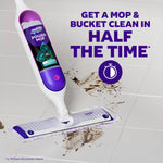 Swiffer Power Mop device cleaning tile floor with bold text claiming faster cleaning time