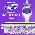 Close-up of a Swiffer Power Mop head with mop pad attached and 'Made by Swiffer' branding on purple background.