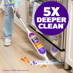 Swiffer PowerMop in use on a kitchen floor near an appliance with '5X deeper clean' callout
