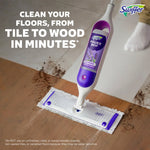 Swiffer PowerMop device with lavender solution attached cleaning a floor, large text promoting cleaning from tile to wood