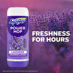 Swiffer PowerMop lavender bottle shown over a lavender field background with text 'Freshness for hours'