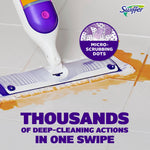 Swiffer PowerMop head wiping tile with an inset showing micro-scrubbing dots and 'Thousands of deep-cleaning actions'