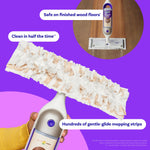Close-up of a Swiffer Power Mop head with a wood pad attached and inset showing mop on finished wood floor with product callouts.