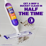Swiffer PowerMop cleaning tiled floor with mud marks and text 'Get a mop & bucket clean in half the time'