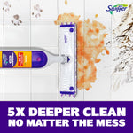 Top-down view of Swiffer PowerMop on tile removing orange and brown messes with '5X deeper clean' banner