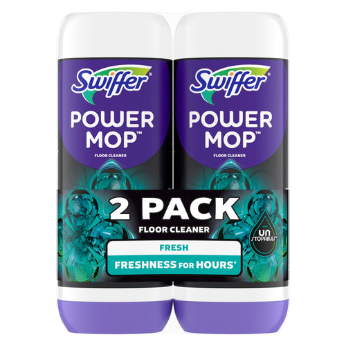 Two-pack Swiffer Power Mop solution bottles in purple packaging with 2 PACK band
