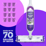 Swiffer PowerMop device with lavender refill shown above mop head and graphic claiming 'Saves up to 70 gallons of water'