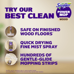 Promotional graphic listing product benefits for Swiffer PowerMop Wood: safe on finished wood, quick-dry mist, gentle-glide strips