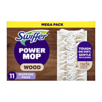 Front-facing Swiffer PowerMop Wood mega pack box showing logo, wood graphic and visible mop pad detail