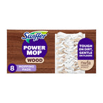 Box packaging of Swiffer Power Mop wood mopping pads on a wood background showing pad detail and branding.