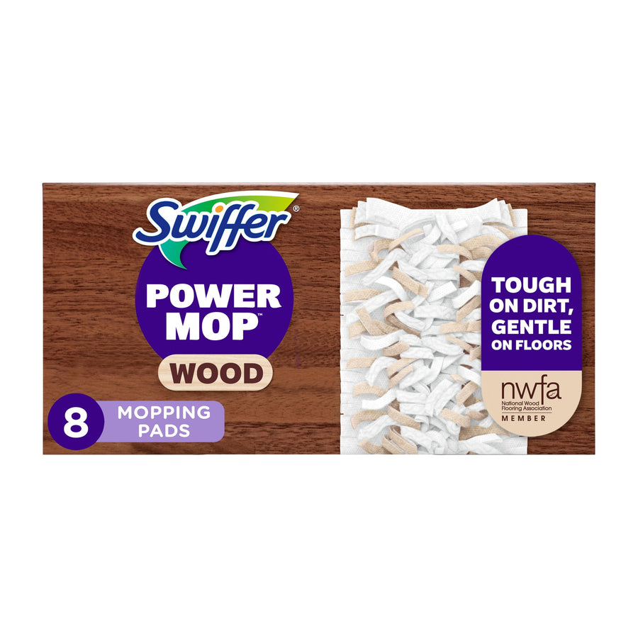 Box packaging of Swiffer Power Mop wood mopping pads on a wood background showing pad detail and branding.