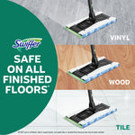 Graphic showing Swiffer mop head cleaning vinyl, wood and tile floors with badge stating safe on all finished floors