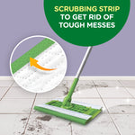 Graphic showing Swiffer mop scrubbing strip in action on tile floor with a zoomed-in circle highlighting the strip texture.