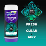Single Swiffer Power Mop solution bottle next to Unstopables branding and words fresh, clean, airy