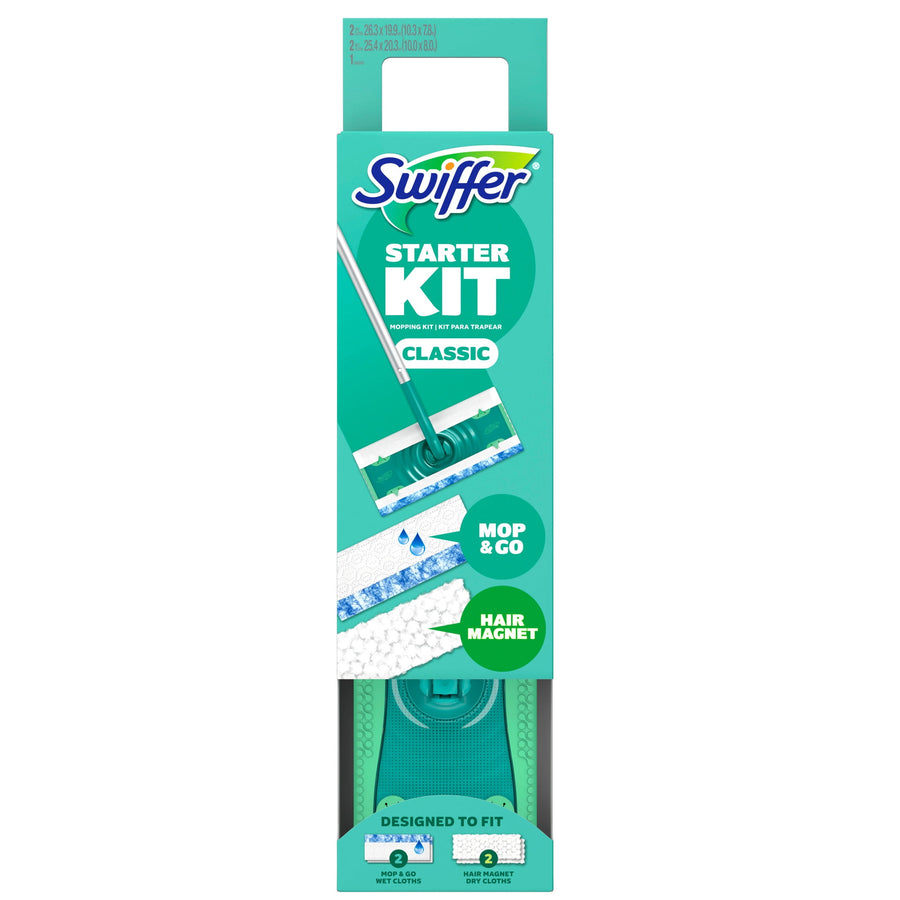 Tall product packaging for Swiffer Starter Kit Classic with handle cutout, mop image and callouts for Mop & Go and Hair Magnet