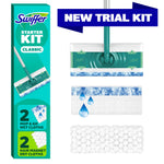 Swiffer Starter Kit packaging and mop head parts displayed with wet and dry cloth graphics and a 'New Trial Kit' banner.