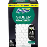 Box of Swiffer Sweep Heavy Duty dry sweeping cloths with mega size banner and visible textured cloth image on front