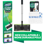 Swiffer Sweep + Mop deluxe with collapsible pole, mop head and illustrations of dry and wet cleaning cloth textures