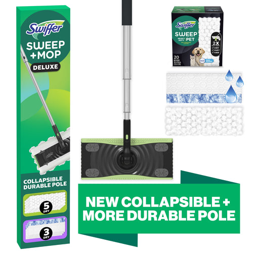 Swiffer Sweep + Mop deluxe with collapsible pole, mop head and illustrations of dry and wet cleaning cloth textures
