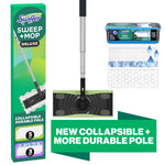 Swiffer Sweep + Mop deluxe kit view showing collapsible pole, mop head and wet/dry pad graphics on white background