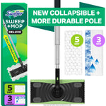 Swiffer Sweep + Mop deluxe mop head with collapsible pole and icons showing 5 dry and 3 wet pad counts