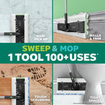 Four-panel lifestyle graphic showing Swiffer Sweep & Mop cleaning hair, walls, tough scrubbing and tight spaces