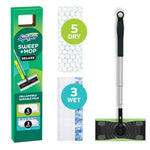Swiffer Sweep + Mop Deluxe kit packaging and product layout showing handle, mop head and dry/wet pad graphics