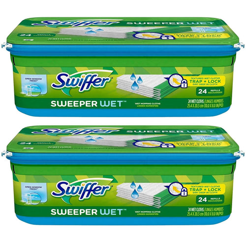 Two green rectangular plastic tubs of Swiffer Sweeper Wet mopping cloth refills with Open Window Fresh branding, stacked vertically.