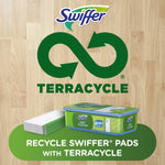 Terracycle recycling graphic with Swiffer logo and an image of folded wet cloths next to a Swiffer wet cloths tub.
