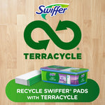 Terracycle recycling graphic featuring Swiffer Wet Cloths tub and stacked flat pads promoting pad recycling