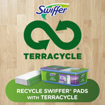Swiffer logo over large Terracycle recycling symbol with wet cloths and a Swiffer tub pictured at bottom