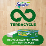 Terracycle recycling promotional graphic featuring Swiffer logo, infinity recycling symbol, and a Swiffer wet cloths tub and stacked pads.