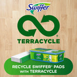 Swiffer and TerraCycle logos above a pack of Swiffer wet cloths and a stack of pads promoting pad recycling with TerraCycle.
