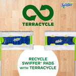 Terracycle logo over wood floor with two Swiffer mop heads and text encouraging recycling of Swiffer pads