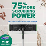 Top-down view of a Swiffer mop head cleaning tiled floor with 75% more scrubbing power headline above
