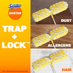 Three-panel graphic showing a Swiffer duster removing dust, allergens and hair with the phrase 'Trap + Lock'.