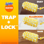Split-panel infographic showing Swiffer yellow duster trapping dust, allergens and hair with ‘TRAP + LOCK’ text