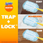 Split image demonstrating duster picking up dust, allergens and hair with 'Trap + Lock' text and Swiffer branding.
