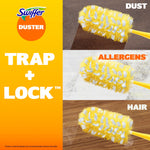 Graphic panel showing three duster heads cleaning dust, allergens, and hair with Trap + Lock branding