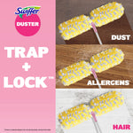 Three panels showing yellow Swiffer duster trapping dust, allergens and hair with 'Trap + Lock' branding on a pink background