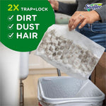 Hand discarding a used Swiffer dry sweeping cloth into a trash can with green callout listing dirt, dust, hair