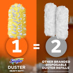 Split graphic comparing one yellow Swiffer heavy duty duster to two generic white disposable refills with '1 = 2' text.