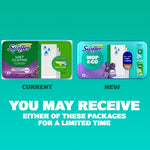 Comparison graphic showing current and new Swiffer wet cloths packaging with message you may receive either package
