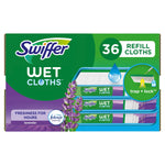 Boxed Swiffer Wet Cloths lavender refill package showing brand logo, lavender sprigs and '36 refill cloths' callout