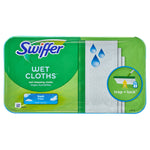 Packaged Swiffer Wet Cloths container with green branding, product name and water-drop graphic on label.