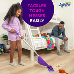 Lifestyle image of a child using a purple Swiffer WetJet in a bedroom while an adult watches, with 'TACKLES TOUGH MESSES EASILY' text