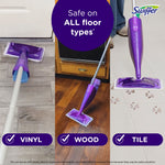Three-panel lifestyle graphic of a purple Swiffer WetJet being used on vinyl, wood and tile floors with 'Safe on ALL floor types' callout