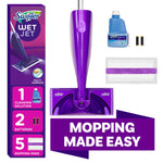Top-down product layout showing a purple Swiffer WetJet mop, solution bottle, batteries and pad with bold 'MOPPING MADE EASY' text