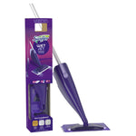 Purple Swiffer WetJet mop shown assembled next to its tall retail packaging box on a white background
